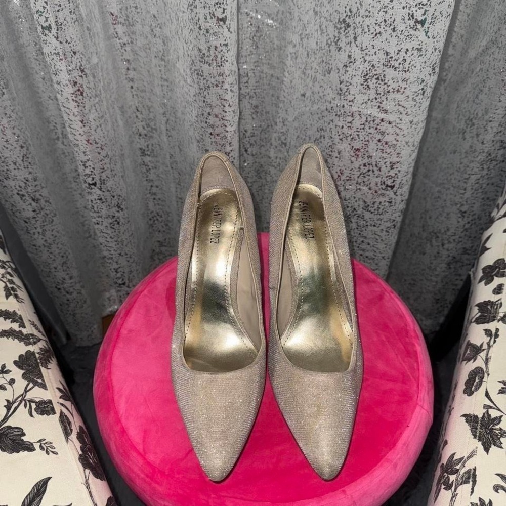 Jennifer Lopez Champagne Gold Glitter Pointed Toe Stiletto Pumps Womens Heels 10